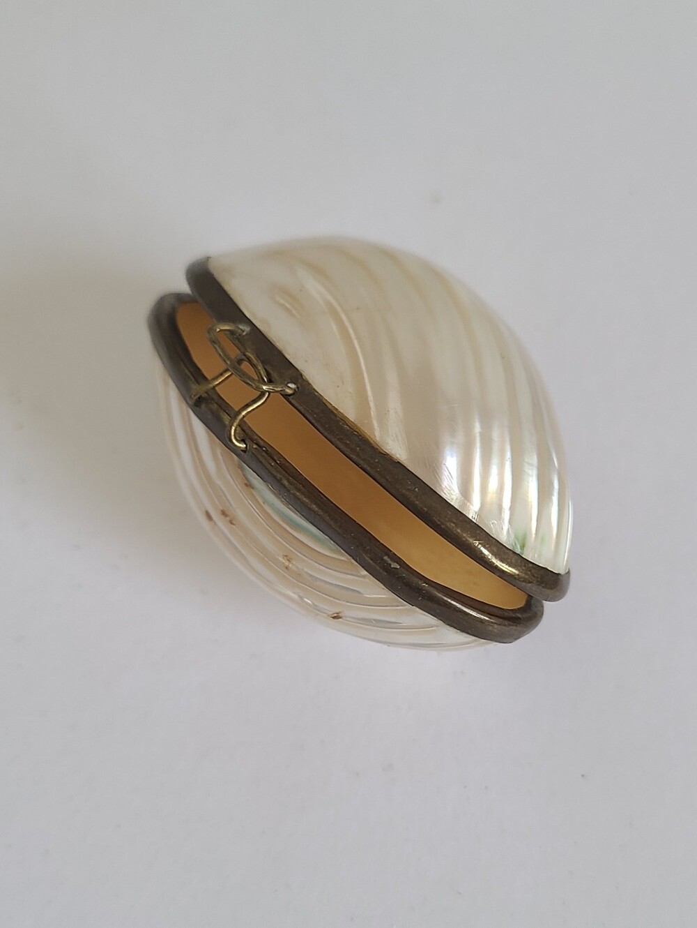 Vintage Antique Victorian Mother of Pearl Shell Hinged Brass Trinket Pill Box